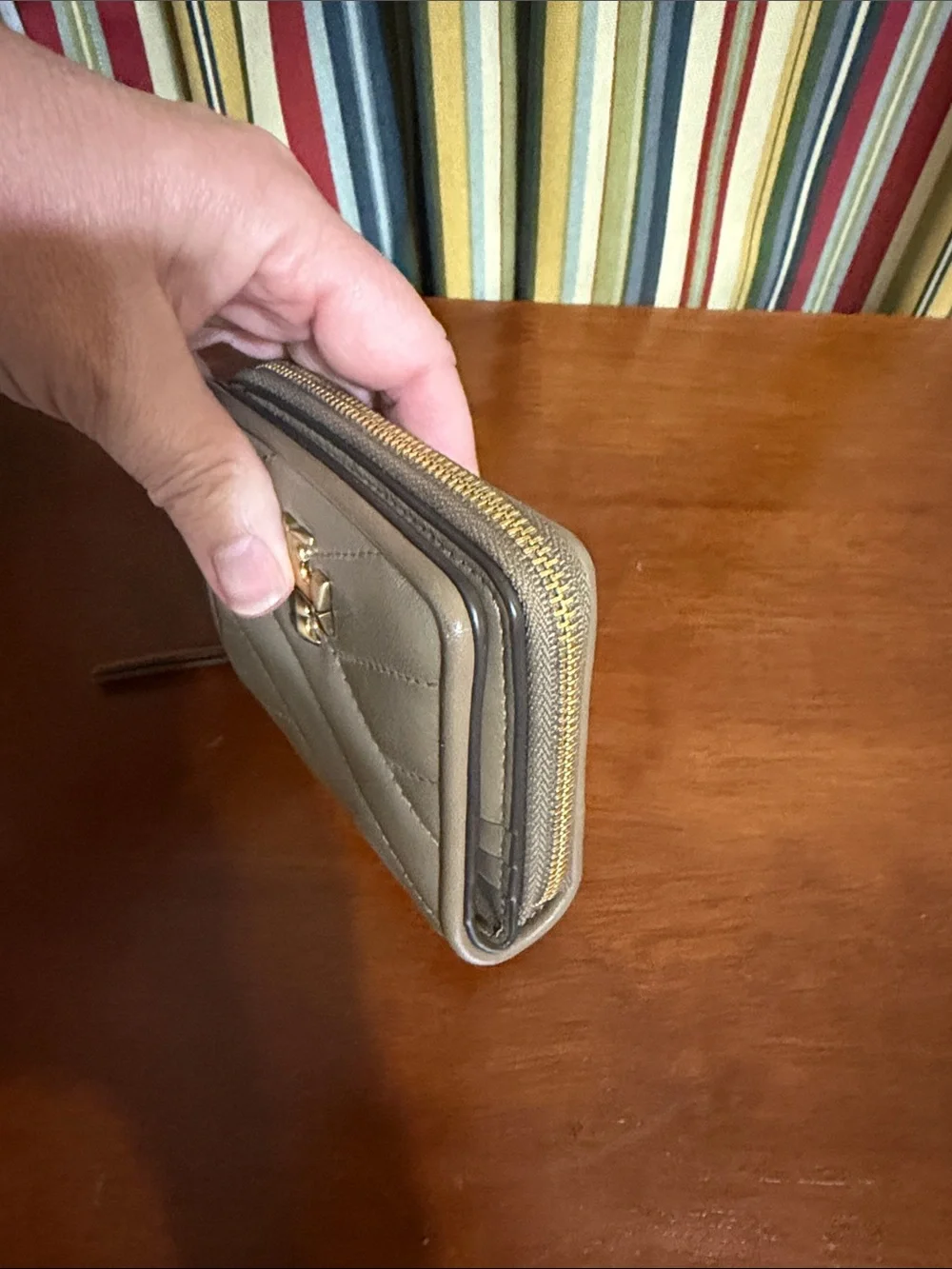 Tory Burch Quilted Zip Wallet in Taupe with Gold Logo